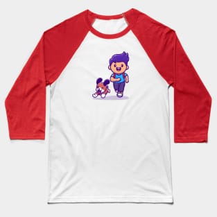 Cute Boy Running With Dog Cartoon Baseball T-Shirt